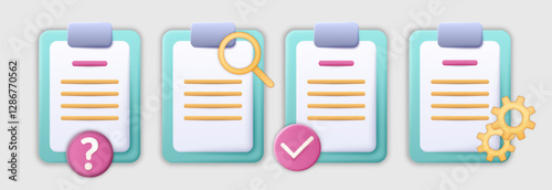 3d check. Document with magnifier and cogwheels. Paper page at clipboard tablet. Checkmark and question icon. Agreement audit. Report information search. Vector render list sheets set