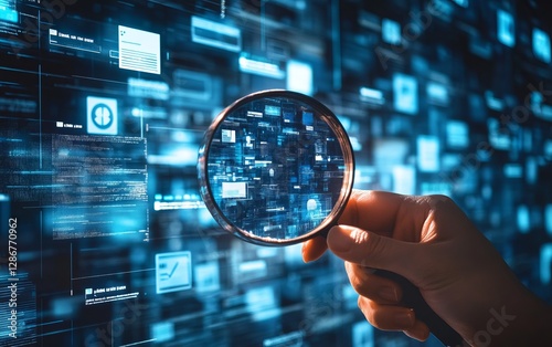 Digital Security and Data Analysis Concept with Magnifying Glass