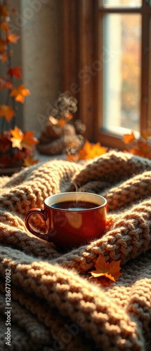 Warm and fuzzy knitted blanket with a steaming cup of hot coffee in soft autumn light, warm ambiance, cozy, warm fuzziness