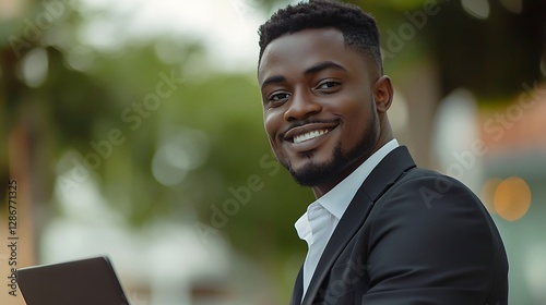 Portrait african businessman with laptop looking in camera and smiling Portrait african businessman with laptop looking in camera and smiling on colleague background businessman