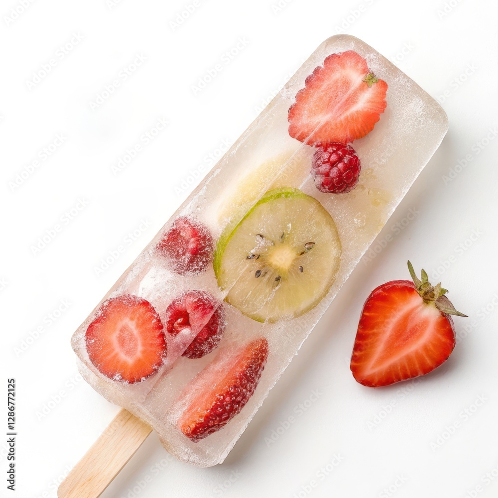 Summer's Sweet Refreshment: A vibrant, homemade fruit popsicle on a stick, showcasing an array of fresh strawberries, raspberries, and kiwi slices embedded within a clear icy treat. Summer's Sweet Refreshment: A vibrant, homemade fruit popsicle on a stick, showcasing an array of fresh strawberries, raspberries, and kiwi slices embedded within a clear icy treat.