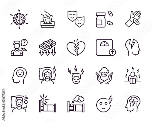 Depress icons. Mental health. Anxiety line symbol. Mind disorder. Tired person in stress. Lonely or apathy mood. Hopeless and loneliness. Broken heart. Brain disease. Vector pictograms set
