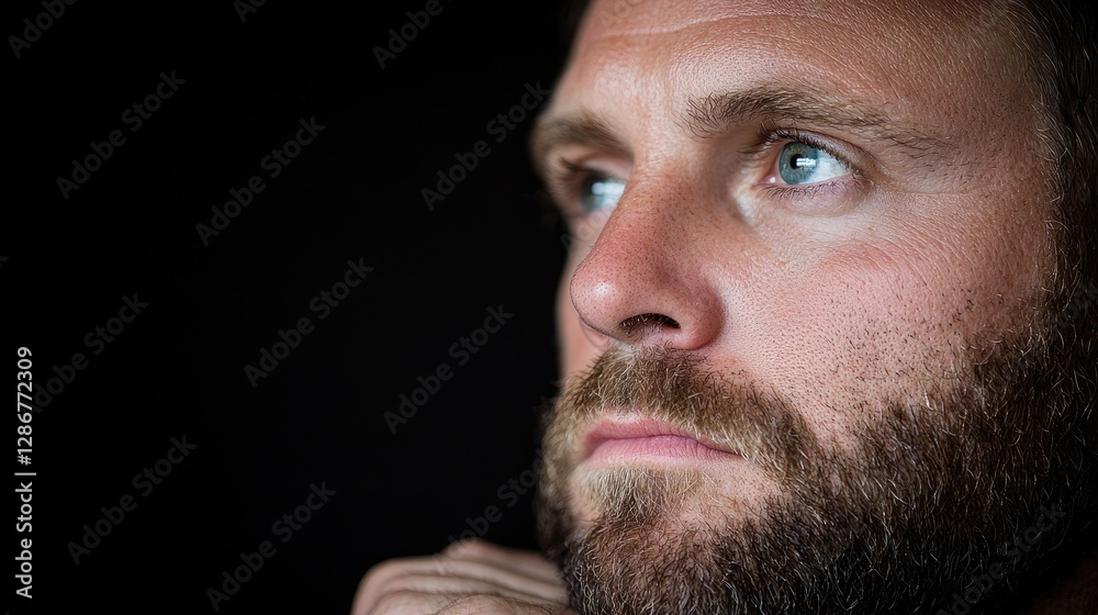 Fototapeta premium Pensive man, thoughtful gaze, dark background, contemplation