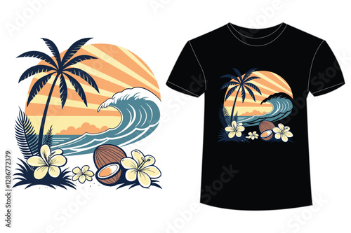 T Shirt Design Beach Club With Beach Seat Under Coconut Tree On The Beach Vintage Illustration