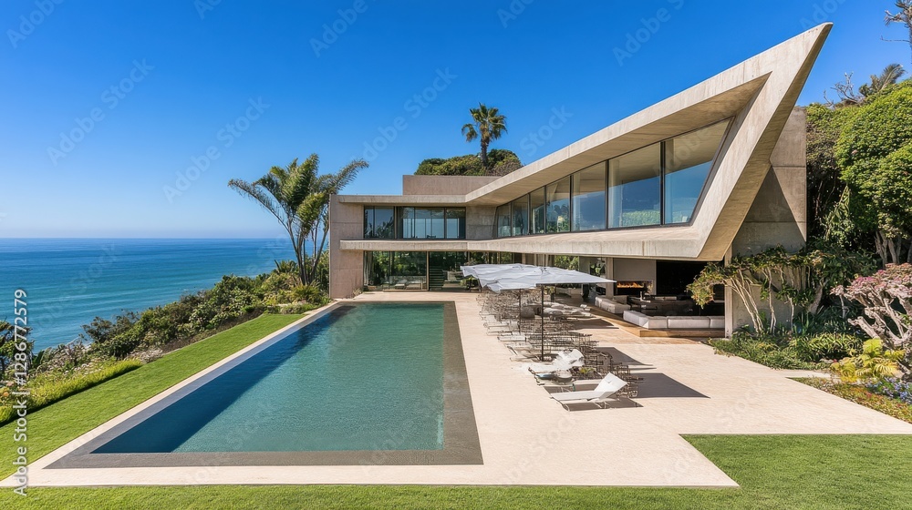 Fototapeta premium Modern luxury villa with stunning ocean view, contemporary architecture, and serene outdoor space