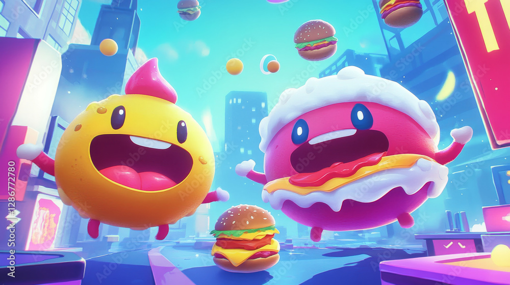 Fototapeta premium Mobile arcade food planets adventure game, cartoon landing page with egg, burger, salmon fish and ice cream spheres in space, start or download buttons. Cosmic funny galaxy world, Vector web banner