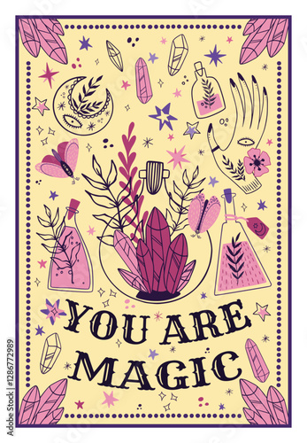 Boho good vibe. Magic line isolated elements. Bohemian mysterious ornament. Tarot cover. Motivation poster. Nature garden decorative print. Ethnic pattern. Esoteric graphic vector illustration