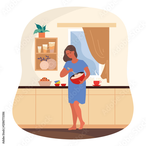 Home kitchen. Food preparation. Woman cooking dinner. Mother whisking dough for baking cakes. Homemade pastry. Room interior. Delicious cupcakes cook. Vector domestic culinary concept