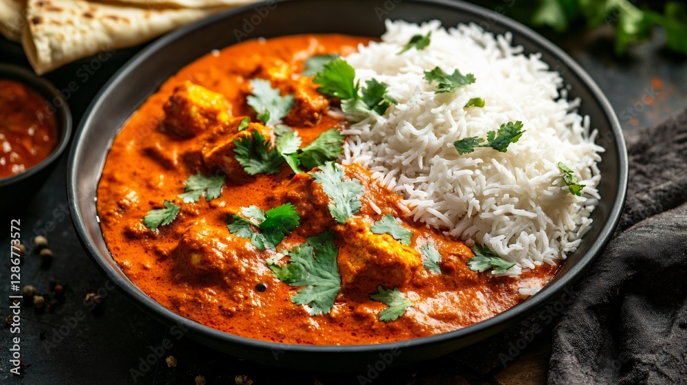 A visually stunning gourmet tikka masala, plated in geometric patterns with a balance of colors and textures on a matte black dish A visually stunning gourmet tikka masala, plated in geometric patterns with a balance of colors and textures on a matte black dish