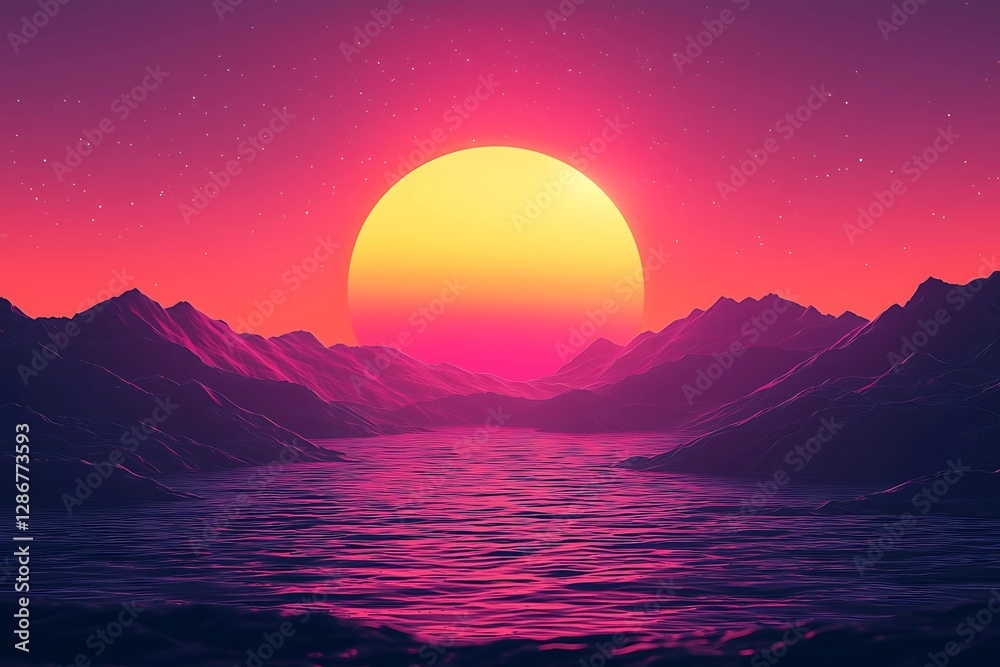 Fototapeta premium A vibrant sunset casts pink and orange hues over tranquil waters, framed by silhouetted mountains, creating a serene atmosphere.