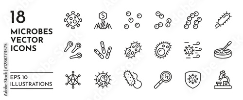 Bacteria icon. Microbiology logo. Virus line cell or bacterium pathogen mold in petri dish. Gut and HIV microbe. Dust biology pollen. Laboratory diagnostic. Vector medical symbols set