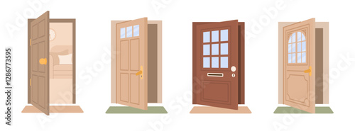 Door closing and opening. Home entrance. Wooden frame. Apartment entry. Window and doorknob. Ajar house exit. Return and leaving. Apartment entry. Building doorpost. Vector doorways set