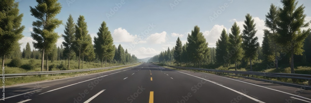 Wide-angle shot of a highway with trees on both sides, distance, horizon, road Wide-angle shot of a highway with trees on both sides, distance, horizon, road