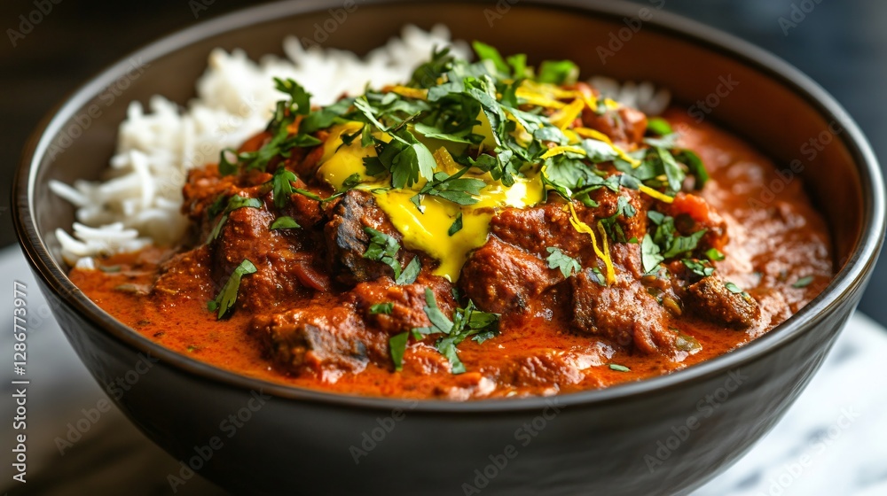 An elegant, gourmet tikka masala bowl with symmetrical arrangement of ingredients, complemented by saffron-infused butter drizzle An elegant, gourmet tikka masala bowl with symmetrical arrangement of ingredients, complemented by saffron-infused butter drizzle
