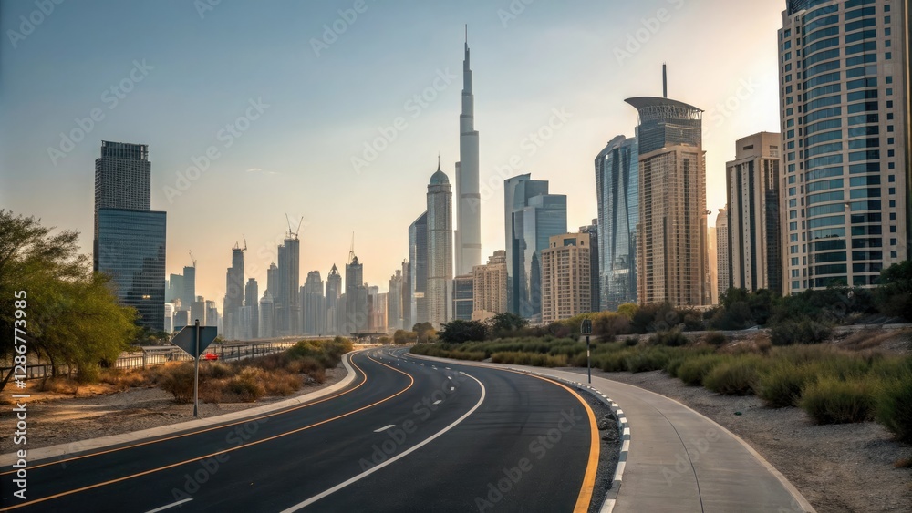Obraz premium Wide shot of an asphalt road winding its way through the heart of a bustling city amidst towering skyscrapers, city streets, skyscraper, concrete highway, city center, modern cityscape