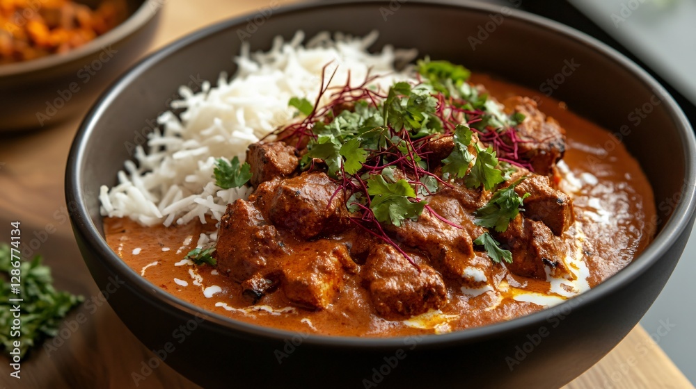 An elegant, gourmet tikka masala bowl with symmetrical arrangement of ingredients, complemented by saffron-infused butter drizzle An elegant, gourmet tikka masala bowl with symmetrical arrangement of ingredients, complemented by saffron-infused butter drizzle