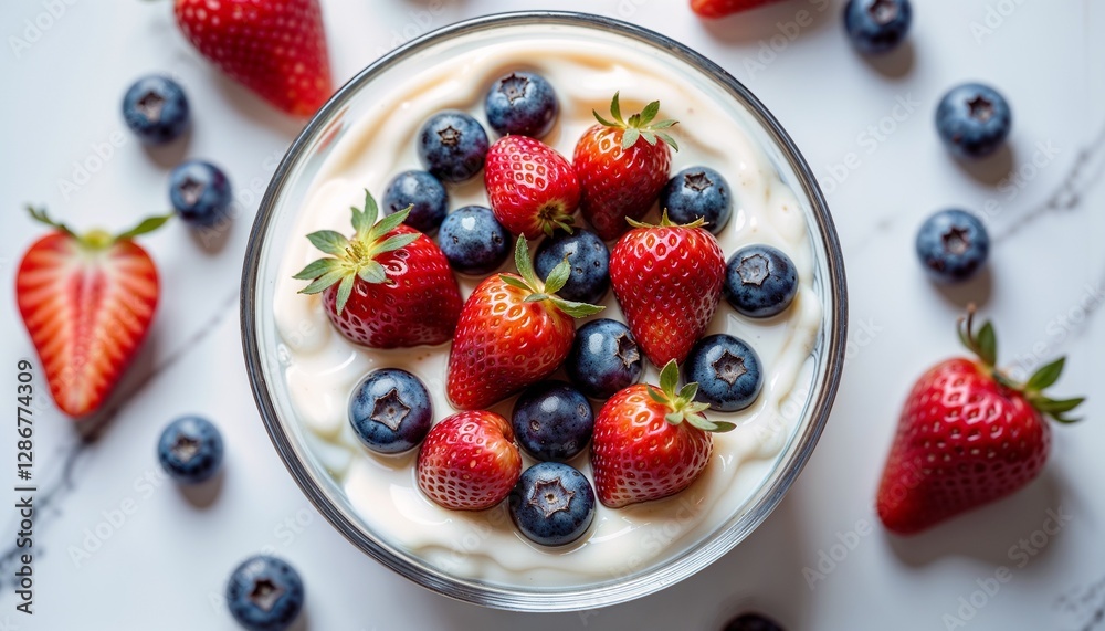 Fresh yogurt with strawberries and blueberries in glass bowl on marble table