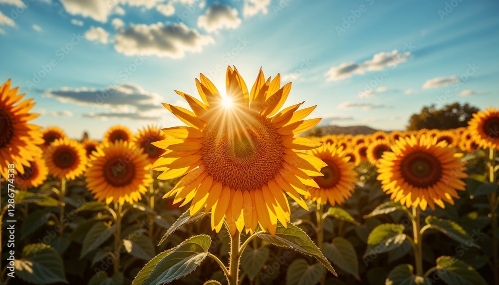 Sunflower field during sunset with sun rays shining on blossoms