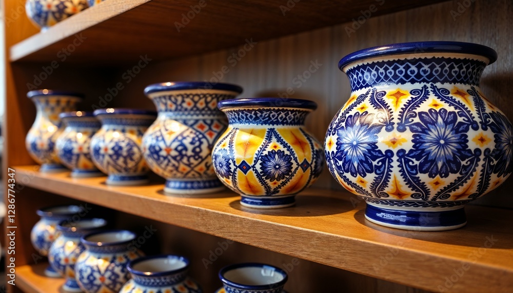 Colorful decorative ceramic vases on wooden shelf