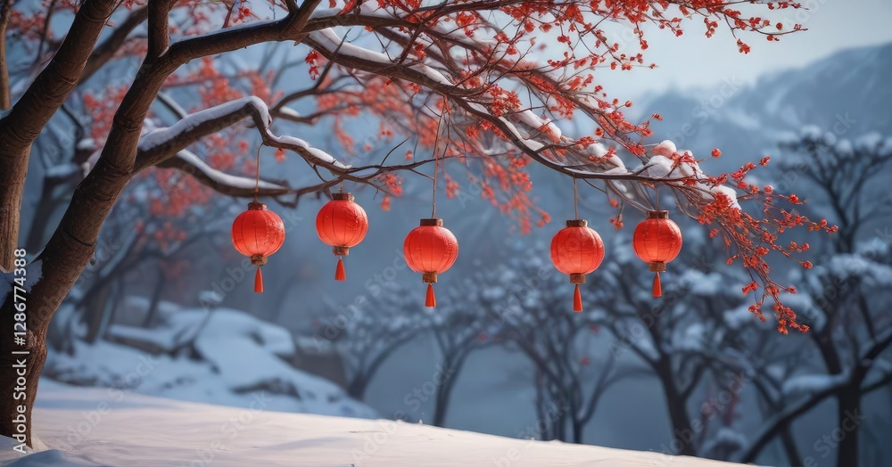 Winter scenery of a bare tree branch with snow and red lanterns hanging from it, snow, winter, tree Winter scenery of a bare tree branch with snow and red lanterns hanging from it, snow, winter, tree