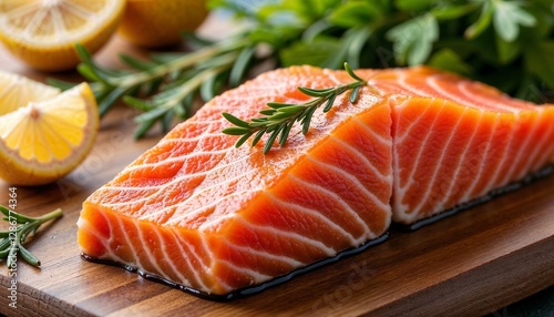 Obraz na płótnie Raw salmon fillet with lemon and herbs on wooden cutting board w salonie