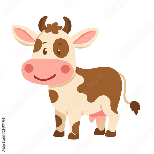 A charming cartoon cow with a gentle smile and warm brown spots standing playfully A delightful image for children's content