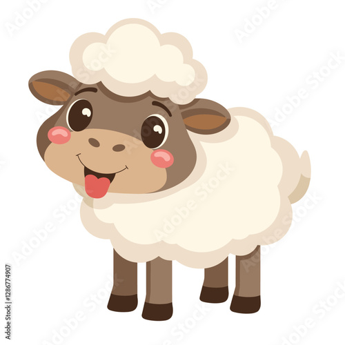 Cartoon sheep with brown face and pink cheeks sticking its tongue out with a wooly body cute and friendly looking in a flat vector illustration
