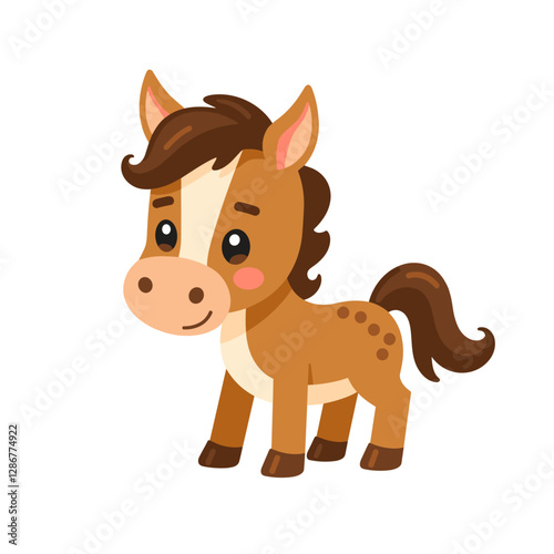 A cute cartoon horse styled in a flat vector stands cheerfully Perfect for kids' books or a simple charming illustration Sweet animal art