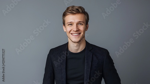 Portrait handsome smiling young man studio shot Cheerful young men looking to the camera. Isolated on gray background businessman