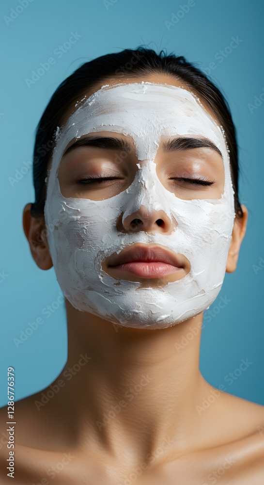 Beauty portrait of young woman with closed eyes enjoying a facial cosmetic treatment, wearing a white face mask on blue background. Beauty portrait of young woman with closed eyes enjoying a facial cosmetic treatment, wearing a white face mask on blue background.