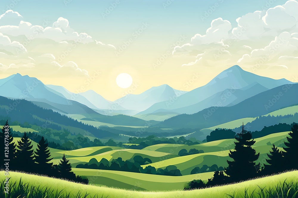 Fototapeta premium Serene Mountain Valley Landscape at Sunrise