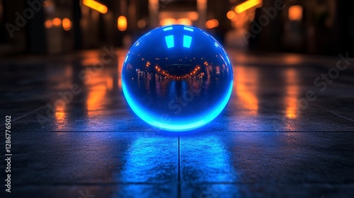A Glowing Blue Orb Reflecting City Lights on Stone Ground