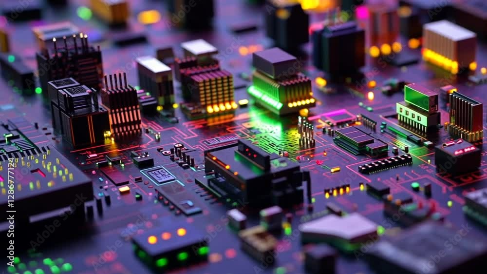Illuminated and colorful computer motherboard components, showcasing a technological and futuristic aesthetic.