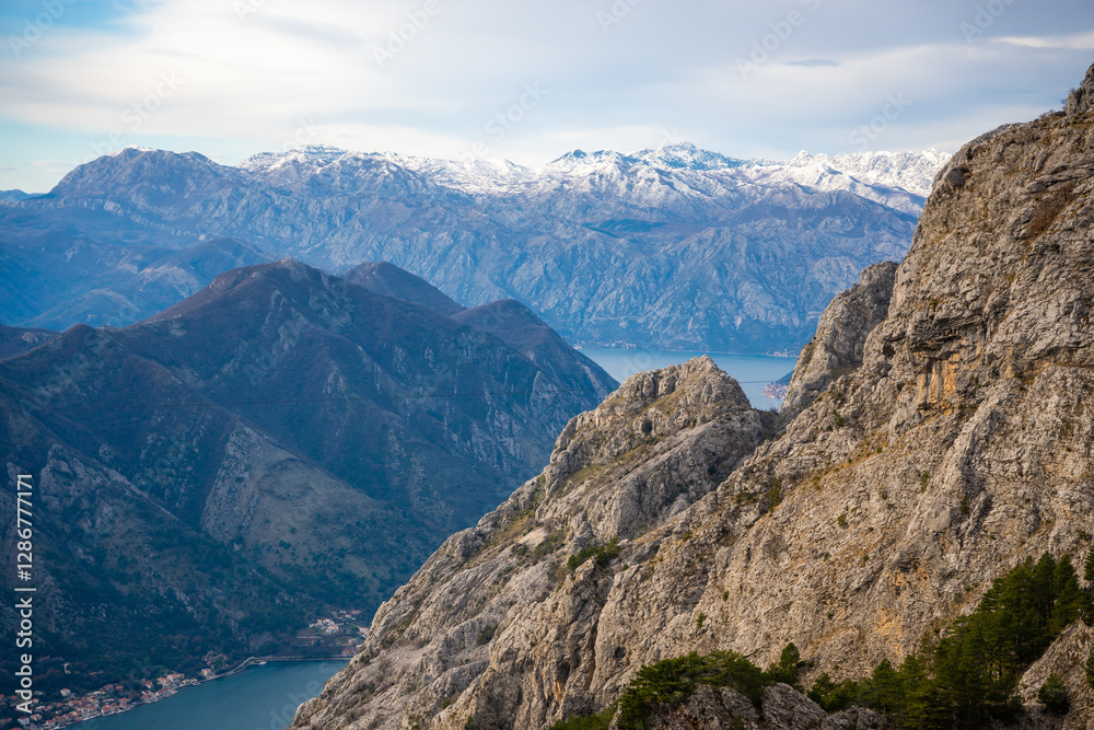 Panoramic view of Kotor Bay Boca and mountains from mountain view point in Montenegro in winter time Panoramic view of Kotor Bay Boca and mountains from mountain view point in Montenegro in winter time