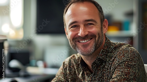 Portrait happy caucasian man, smiling for the camera while working in the office. Picture a cheerful adult man, posing for the camera in his work office. businessman