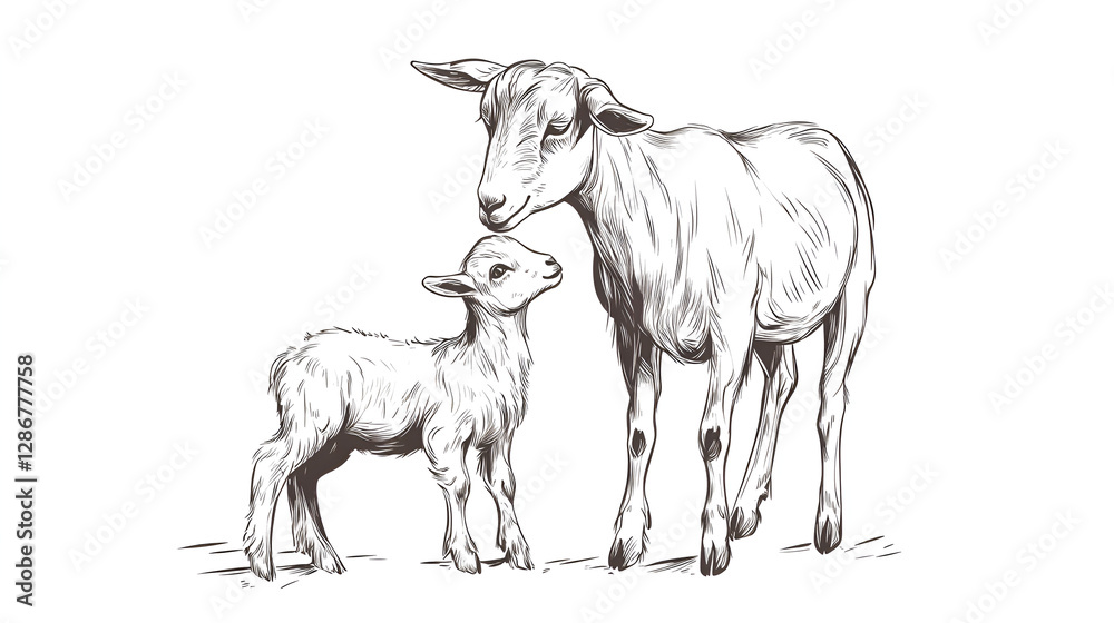 Fototapeta premium Illustration of a mother goat and her kid in a warm, affectionate pose 