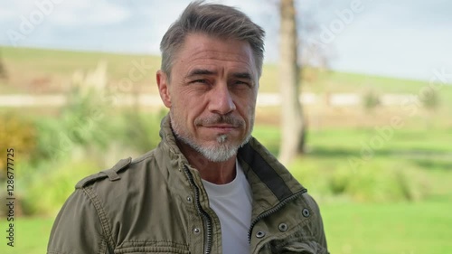 Portrait of happy mature man smiling in rural landscape. Mid adult male farmer standing on field in ranch. Peace and quiet of country life. Successful landowner, agricultural businessman.