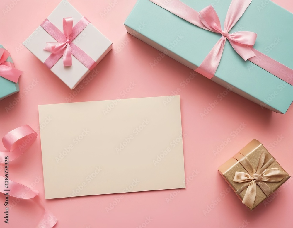 A colorful arrangement of beautifully wrapped gifts on a soft pink background. A colorful arrangement of beautifully wrapped gifts on a soft pink background.