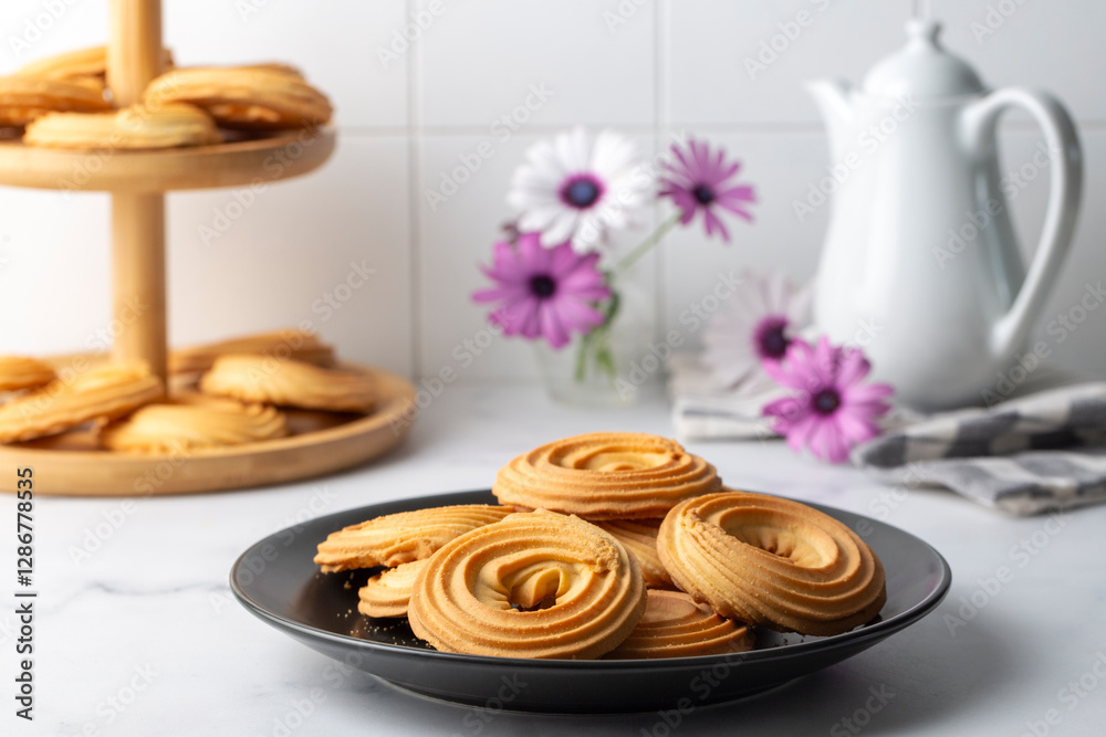 Sweet and tasty round butter cookies. Round ring shaped German spritz biscuits