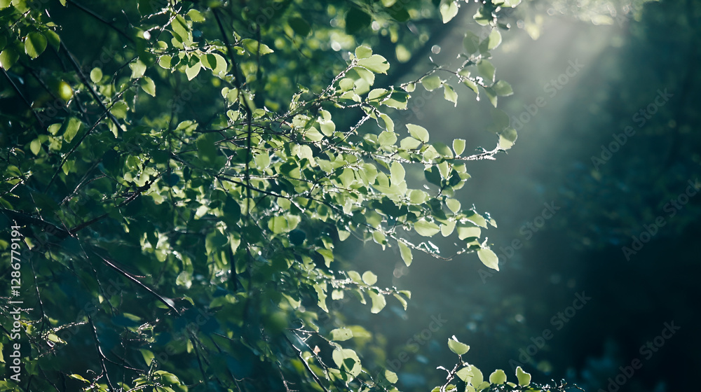 Fototapeta premium Sunlit green leaves with soft rays in a tranquil natural setting