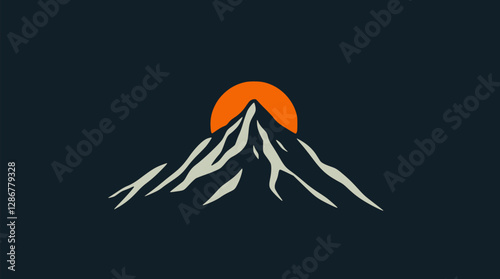 Minimalist mountain peak with rising sun elegant vector line drawing.