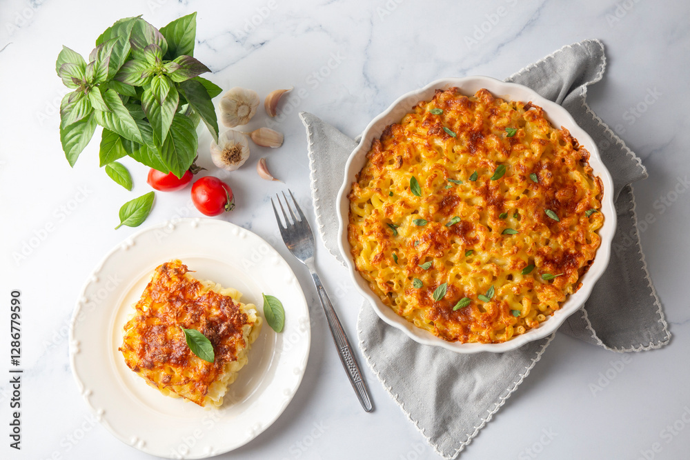 Traditional North American dish. Baked pasta with cheese.