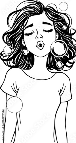 Continuous line drawing of a woman blowing bubbles playful and carefree.