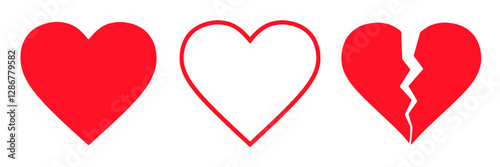 Collection of Heart Icons Featuring Shaded, Outline, and Broken Heart Designs