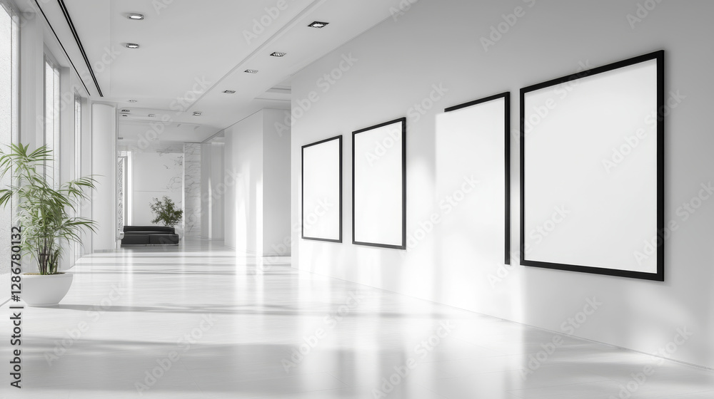 White room, corridor background, museum space 3d render. Art gallery, exhibition hall interior with blank white frames hanging on wall, spotlight illumination on ceiling, Realistic vector illustration White room, corridor background, museum space 3d render. Art gallery, exhibition hall interior with blank white frames hanging on wall, spotlight illumination on ceiling, Realistic vector illustration