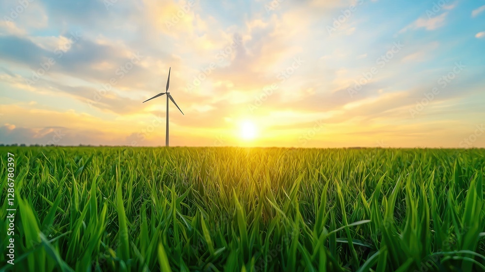 Obraz premium A single wind turbine stands in a lush green grass field under a vibrant sky at sunset, representing clean renewable energy.