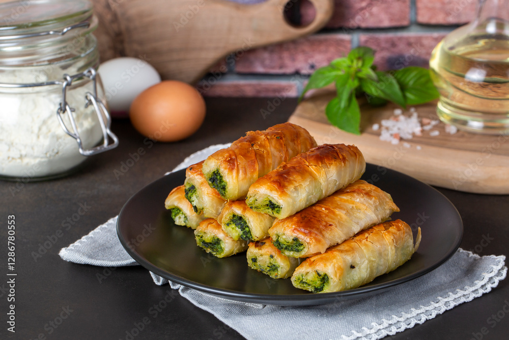 Turkish Tepsi Boregi, Round Borek, Tray pastry (Turkish name; rulo borek - sigara boregi). Spinach Pie.