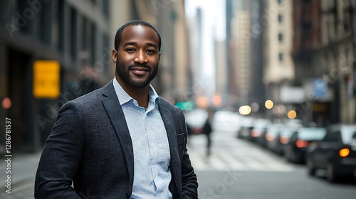 Portrait Successful African-American Businessman on the Street the Central Business District in Big City. Black Digital Entrepreneur uses Mobile Phone e-Commerce App for Market Investment Portrait Suc