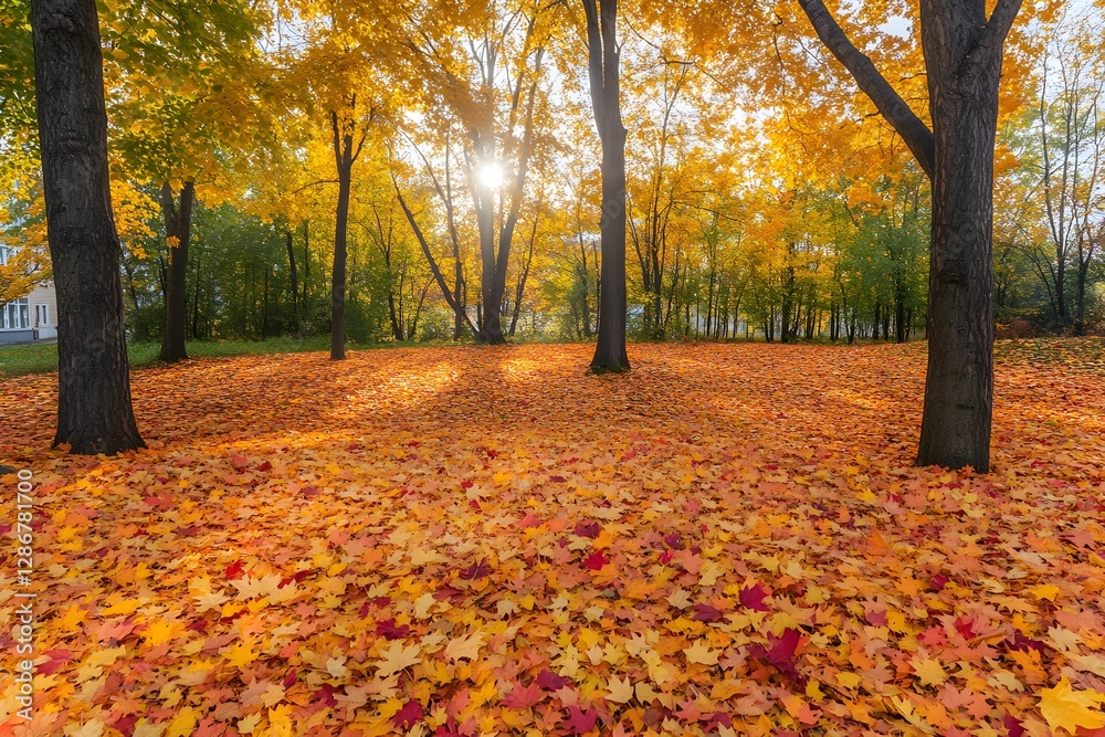 Autumn park scene, golden foliage, fallen leaves on ground, sunburst through trees, vibrant oranges and reds, tree trunks in foreground, winding path, peaceful atmosphere, dappled sunlight. Autumn park scene, golden foliage, fallen leaves on ground, sunburst through trees, vibrant oranges and reds, tree trunks in foreground, winding path, peaceful atmosphere, dappled sunlight.