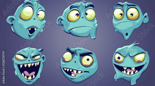 Wallpaper Mural Set of square monster face for player avatar in game. Cartoon emotion expression on stickers in vector. Funny alien character clipart collection with happy, angry and upset or sad mood, eyes and brows Torontodigital.ca